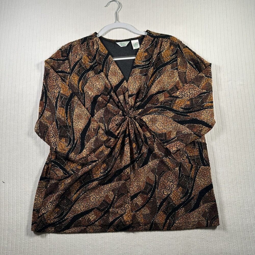 Womens Brown Patterned LAURA ASHLEY WOMAN Stretch 3/4 Sleeve Blouse Top 2X